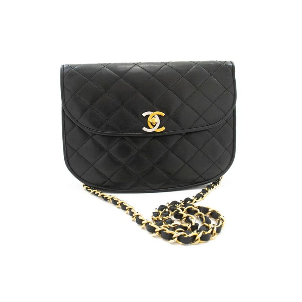 Chanel Vintage Round Flap Quilted Lambskin Black Leather Shoulder Bag Bag